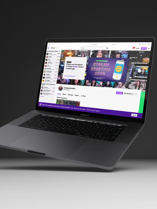 A laptop is shown the the Twitch user profile of CheesyChick95. The elements designed include a tall aluminum can that features a blue and yellow logo laid on top of a purple background with the bubbly CheesyChick95 text.