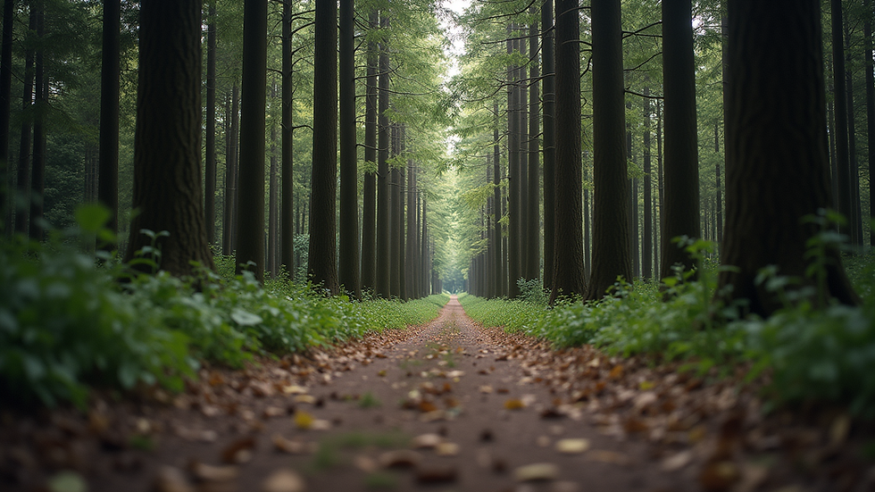 Eye-level view of a serene forest path surrounded by tall trees