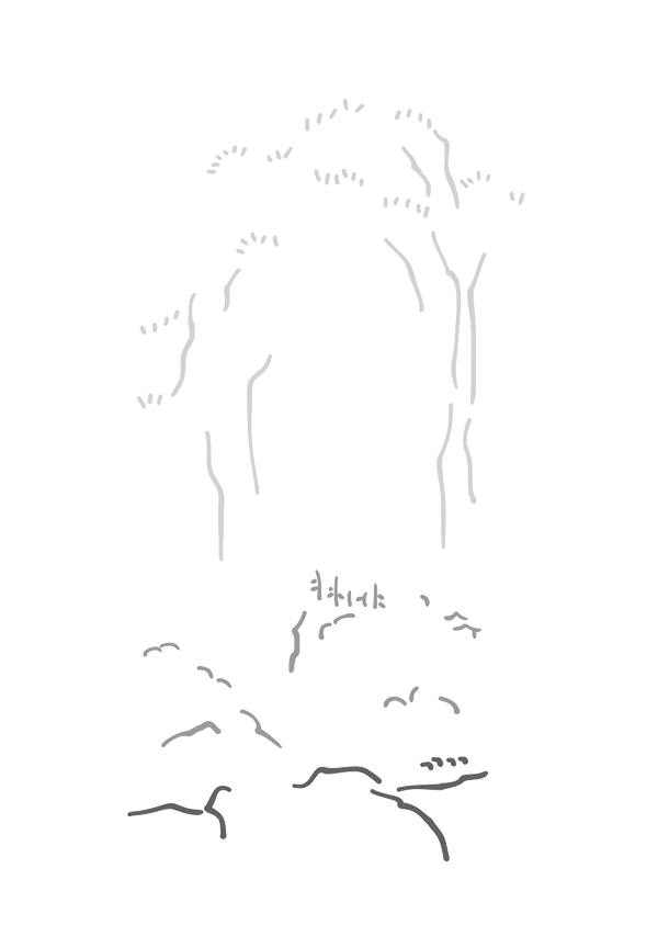 藻荇風插畫〈山行〉：灰白筆線構成山形與樹勢，留白如霧，象徵山水呼吸與心靜遠行。 Minimalist illustration Mountain Journey: subtle gray lines form mountains and trees amid mistlike blankness, symbolizing breathing nature and serene introspection. 藻荇風の極簡線画〈山行〉：灰の線が山と木を描き、空白が霧のように広がり、自然の呼吸と心の静かな旅を象徴する。