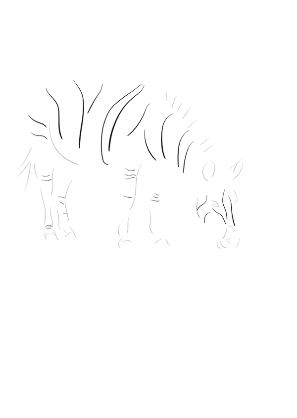 藻荇風插畫〈斑馬〉:黑白線條描繪低頭食草之姿,條紋疏密交替,留白構成身形與空間。Alllgae-style illustration Zebra: black-and-white linework of a grazing zebra, with alternating stripe density and blank space shaping form and space. 藻荇風の線画〈シマウマ〉:草を食む姿を黒白の線で表し、縞の疎密と余白によって形と空間を構成する。