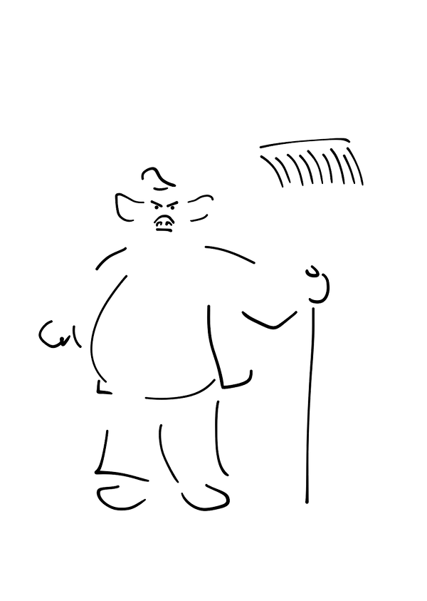 藻荇風插畫《豬八戒》：極簡黑白線條描繪手持九齒耙、肥胖卻守護師傅的豬八戒，象徵笨拙中見真情。Minimalist Alllgae illustration Pigsy (Zhu Bajie): black-and-white linework depicting a heavy, lazy but loyal disciple whose thick flesh becomes armor. 極簡線画《猪八戒》：九歯の鍬を構え、師匠を守る猪八戒の重さと優しさを表す。