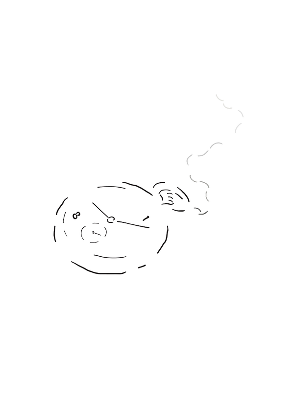 藻荇風插畫〈停〉：極簡黑線描繪一枚停擺的懷錶，象徵生活行為的中止與時間仍然前行的對比。Minimalist illustration Still by Alllgae: black line drawing of a stopped pocket watch, contrasting the cessation of daily routines with the continuity of time. 藻荇風の極簡線画〈止まる〉：動かなくなった懐中時計を描き、日常の営みが止まったあとも時間は続くという対比を表現している。