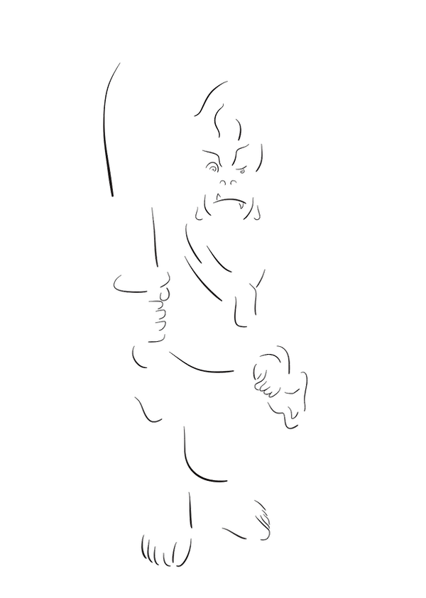 藻荇風插畫〈不動明王〉:極簡留白線條描繪不動明王,舉劍持羂索,怒目齜牙,髮指蒼天,身影如山。 Alllgae Illustration Acala: minimalist linework depicting Acala holding a sword and rope, with fierce eyes, bared fangs, upward-flowing hair, and a mountain-like presence. 藻荇画〈不動明王〉:剣と羂索を持つ不動明王を極簡な線で表現し、怒りの眼差しと牙、天を指す髪、山のような佇まいを描く。
