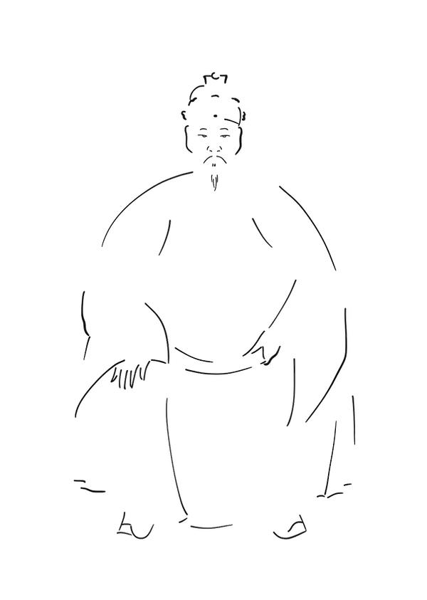 藻荇風插畫〈國姓爺〉:以極簡黑白線條重構《「鄭成功画像」那須豊慶摹本》,運用山體語法呈現山峰之首、飛流之臂、山徑之腰、岩台之足,象徵鄭成功不動如山的沉穩與歷史重量。 Alllgae illustration Lord of the Imperial Surname: minimalist black-and-white linework reinterpreting the Portrait of Zheng Chenggong (Nasu Toyoyoshi copy), using mountain-body syntax to express a summit-like head, waterfall-like arms, path-like belt, and stone-ledge feet, symbolizing immovable resolve and historical gravitas. 藻荇風線描〈国姓爺〉:那須豊慶の『鄭成功画像』摹本を極簡線で再構成し、山峰の首・飛瀑の腕・山道の腰・岩台の足によって不動如山の沈勢と歴史の重みを表す。