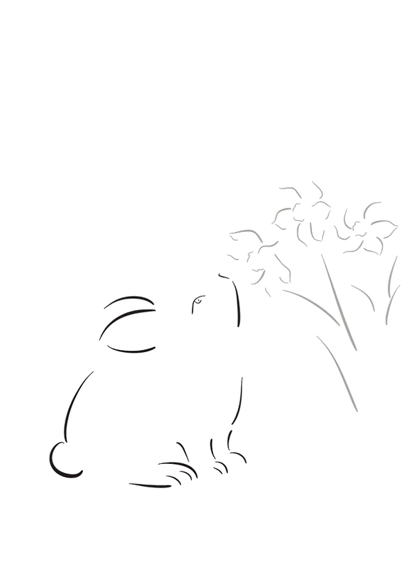 藻荇風插畫《嗅》:黑白極簡線描小兔嗅水仙,鼻尖微動,花枝輕搖,畫面留白充盈。Minimalist Alllgae illustration Sniff: black-and-white linework of a rabbit gently sniffing narcissus, suspended in quiet open space. 藻荇風の極簡線画《嗅ぐ》:白黒の線で兎が水仙を嗅ぐ姿を描き、静かな余白が広がる構図。