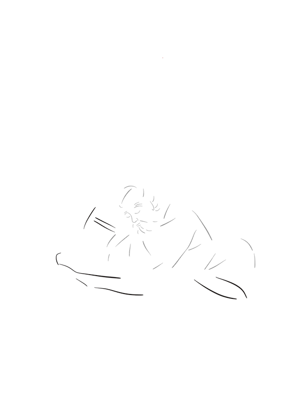 藻荇風插畫〈歇息〉:極簡黑灰線條描繪舟中歇息之人,人物抱槳而眠,象徵休息中仍承載現實重量。Minimalist Alllgae illustration Rest: black-and-gray linework depicts a resting figure in a boat, holding an oar as a symbol of reality not yet released. 藻荇風の極簡線画憩い:舟上で櫂を抱いたまま休む人物を描き、休息の中に残る現実の重みを表現する。