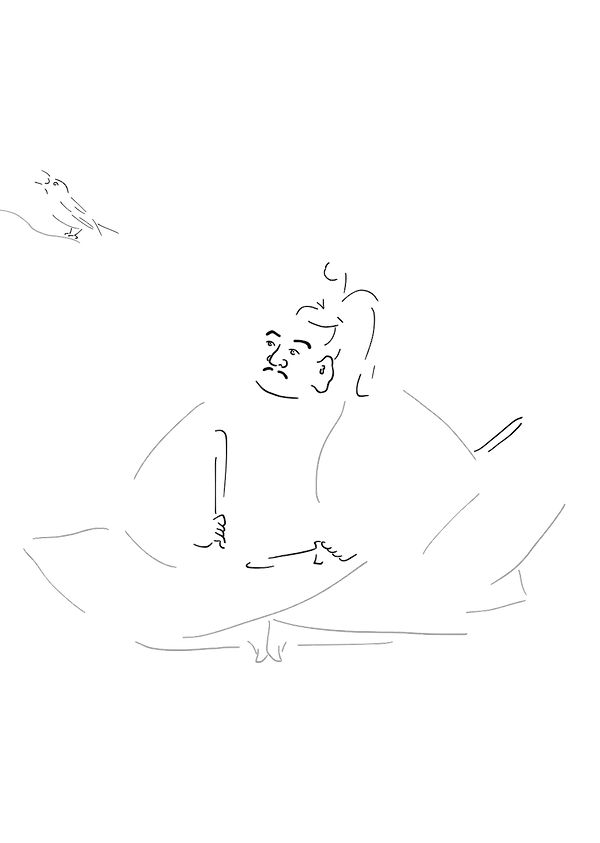 藻荇風插畫〈待〉:以黑白極簡線條描繪德川家康與啼叫的杜鵑,展現其「能等」的沉靜力量與萬物有時的哲理。 Alllgae-style minimalist illustration Waiting: black-and-white linework depicting Tokugawa Ieyasu with a calling cuckoo, expressing the quiet power of patience and the belief that all things arrive in their season. 藻荇風の極簡線画〈待つ〉:徳川家康と啼くホトトギスを描き、静かな忍耐の力と万物の時節を象徴する。