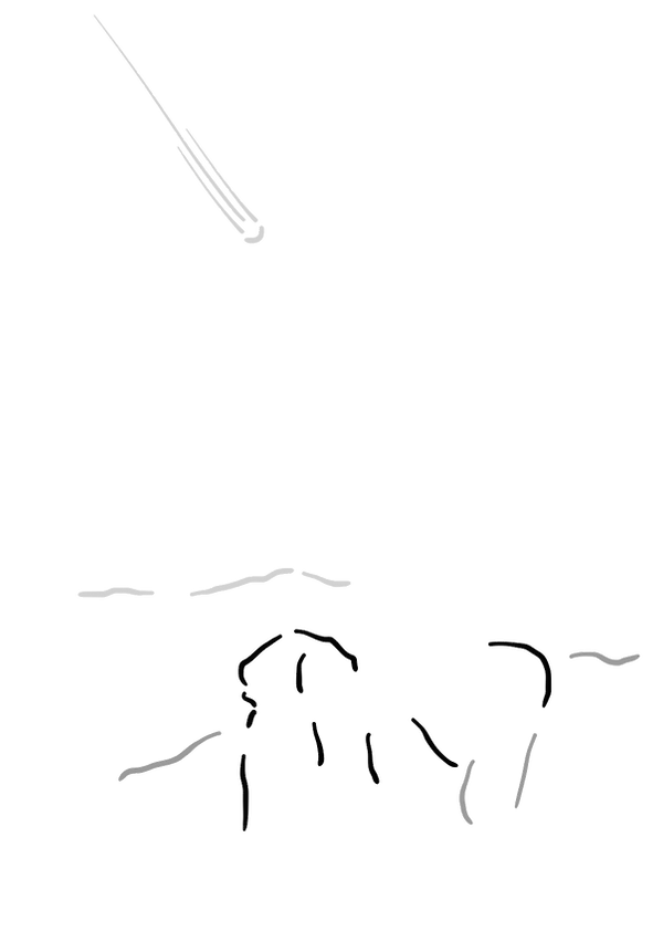 藻荇風插畫〈思〉：以極簡黑白線條描繪獅子山與墜落的流星，呈現城市記憶的裂痕與沉默的韌性。
Alllgae-style illustration Remembrance: minimalist black-and-white linework portraying Lion Rock and a falling meteor, reflecting the scars and endurance of a city’s memory.
藻荇風の線画〈思い〉：流星と獅子山を黒白の簡潔な筆致で描き、沈黙の中に残る都市の記憶と強さを表現する。