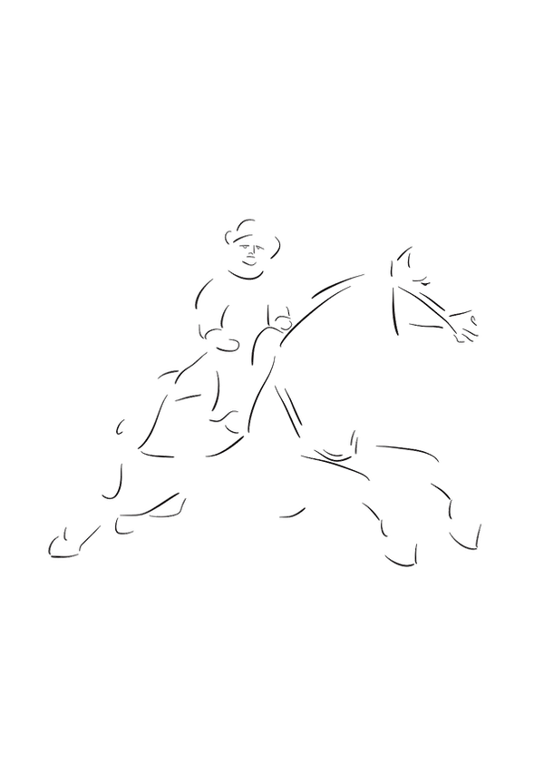 藻荇風插畫《長安路》：黑白線條重構唐代三彩騰空馬（西安博物院藏），強調四蹄騰空與視野開展，呈現由西而東的歷史流動。Minimalist Alllgae Illustration The Road to Chang’an: black-and-white linework reinterpreting the Tang sancai airborne horse with Hu rider (Xi’an Museum collection), highlighting lifted hooves and expanding horizon. 藻荇風《長安への道》：西安博物院蔵の唐三彩・騰空馬を白黒の線で再構成し、四蹄の浮揚と視野の拡張を強調する。