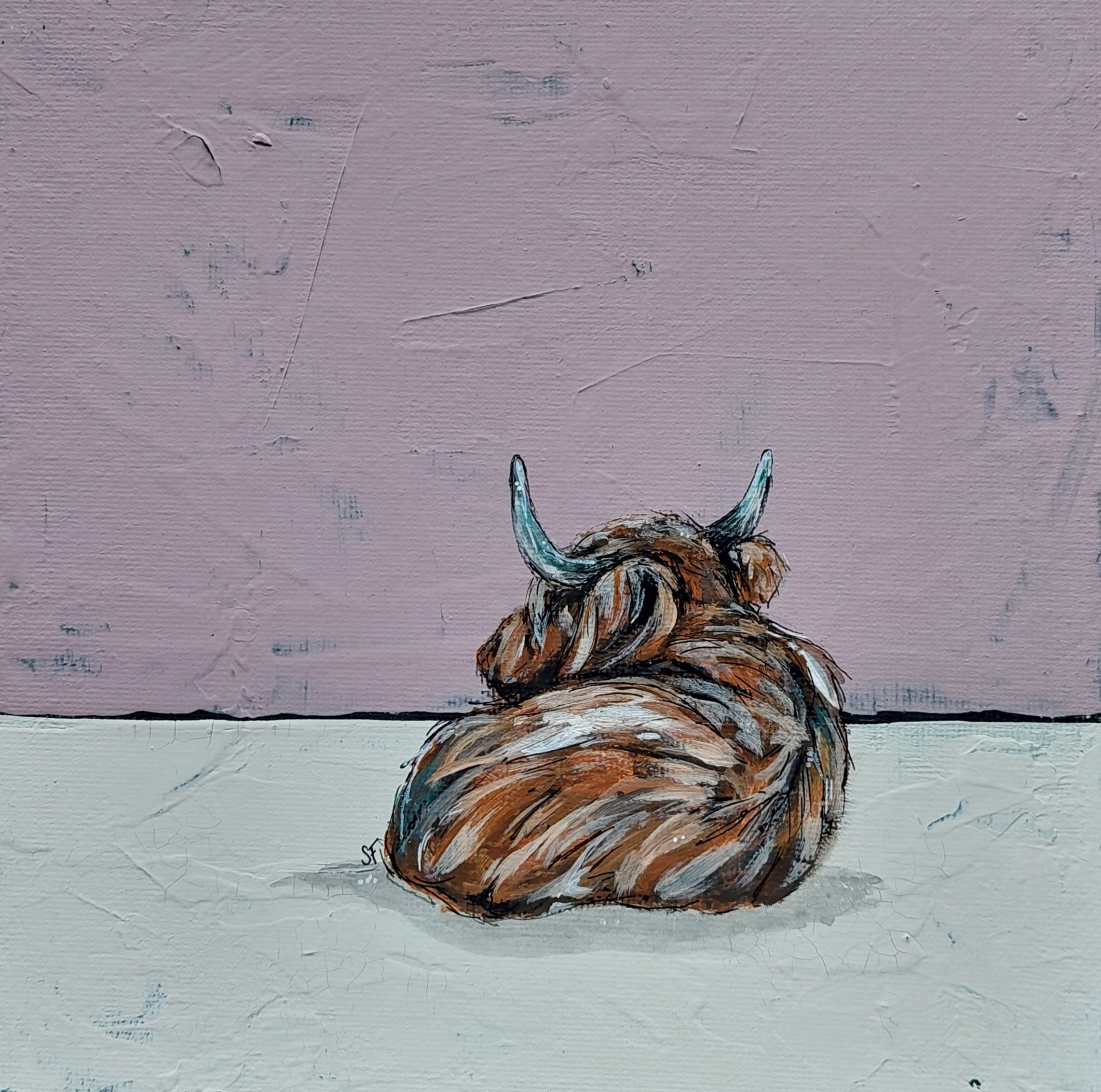 'A Mooment of Peace' Original Highland Cow Painting. White frame