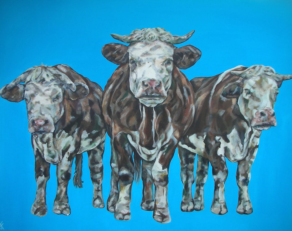 Three Miserable Cows Original Painting On Blue Canvas