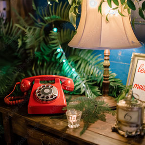 Red telephone-style audio guestbook, on table with plant, lamp etc.