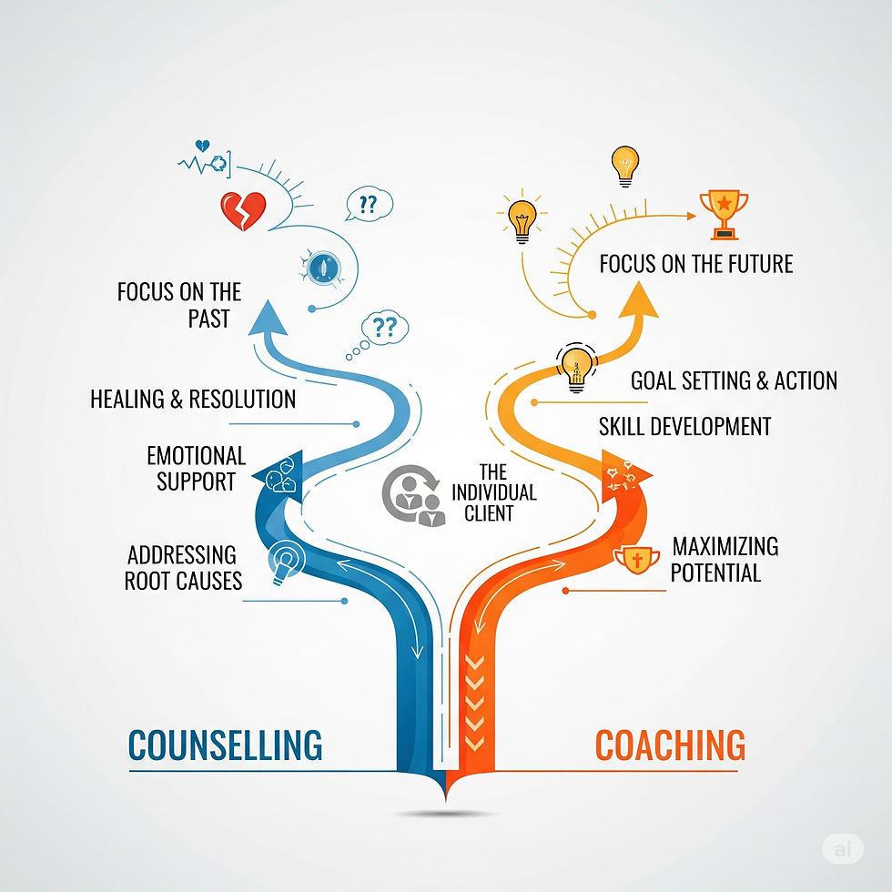 Infographic comparing coaching vs counselling, showing counselling's path to the past for healing and coaching's path to the future for goal-setting.