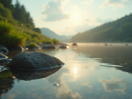 Sunlight reflects off the calm surface of a river in Northern Ireland, illustrating a peaceful, clear state of mind. The image conveys a sense of serenity.