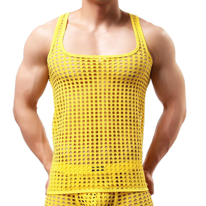 Thumbnail: Sexy Men Sleeveless Mesh Sheer Tank Vest Tops Gym Training Tank Vest Fish Net Hollow Out See Through Tank yellow
