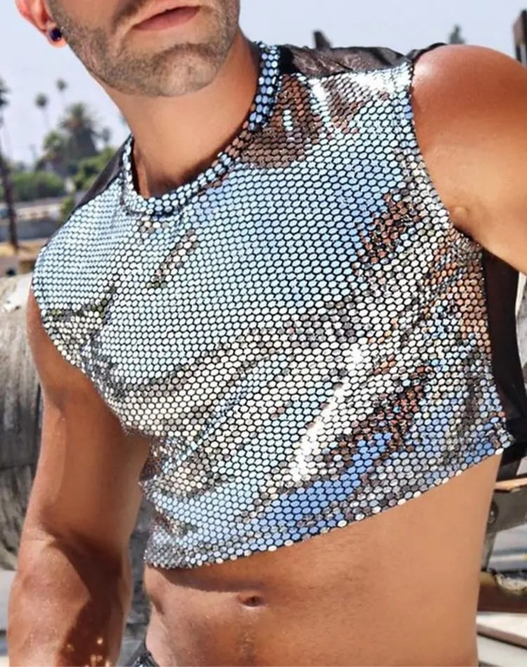 gay, party, non stop, crop top, vest, silver, shiny, fetish boys, kink, pride, kinky, sexy, tops, fish scale, fashion