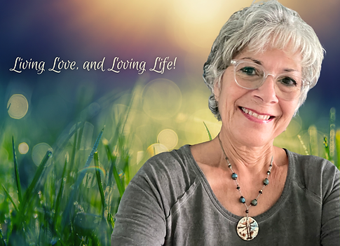 Portrait of a smiling woman with soft, luminous background and the words “Living Love, and Loving Life!”, fine art lifestyle imagery expressing warmth, authenticity, joy, and the embodiment of a heart-centered life