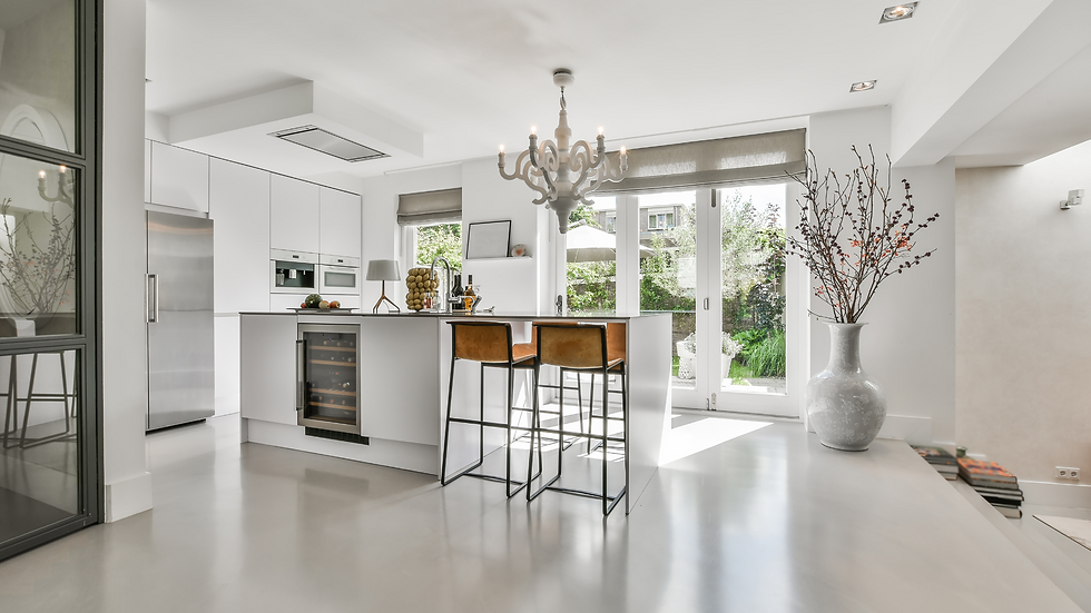 luxury kitchen in all white with statement chandelier and bar stools in light wood