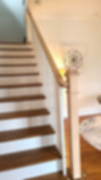 after- new modern all wooden railings primed white square balusters with modern box newel post
