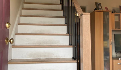 Indoor Stair Railings, Red Oak Posts with Square Cap, Satin Black Metal Balusters, Colonia, New Jersey
