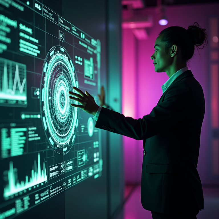 Profissional discutindo dados em interface futurista
