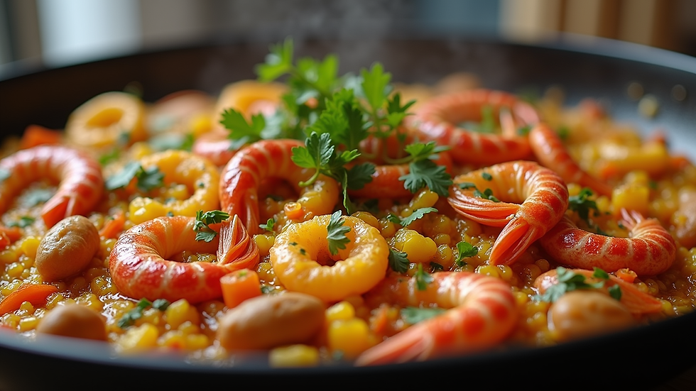 Close-up view of a colorful seafood paella served in a traditional pan
