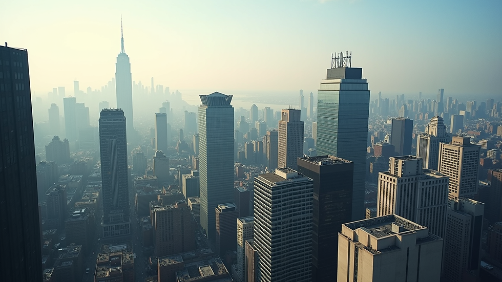 High angle view of a city skyline with multiple commercial buildings