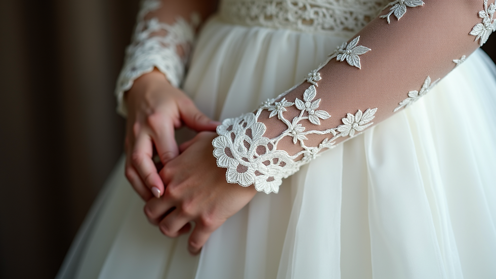 Close-up view of delicate lace detail on wedding dress sleeve