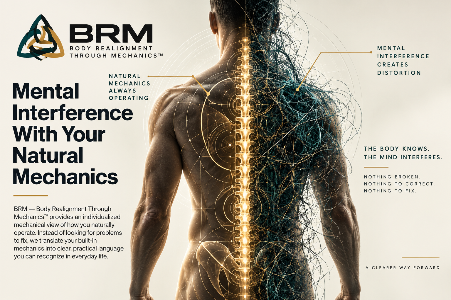 Back of a person with a glowing, straight spine on the left and tangled lines on the right
