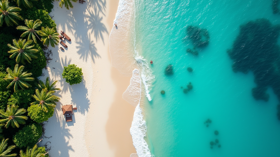 Aerial view of a tropical beach with clear blue waters