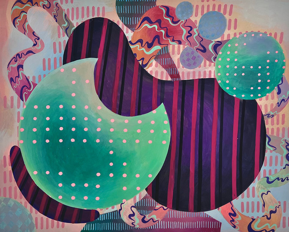 Title: Intersection of Moving Points
Medium: Acrylic Gouache on Paper
Size: 40cm x 50cm
Year: 2024
The Earth is merely a moving dot drifting in an expanding universe. According to the law of conservation of mass, not only our bodies but all elements that make up the Earth must have come from the outside, that is, from space. The water covering our planet's surface is delivered by ancient comets and asteroids and reminds us of our extraterrestrial origins. Our very existence is a testament to the interconnectedness of all matter across space and time. This interconnectedness is further evidenced by the theory of quantum entanglement, where particles remain connected across vast distances, influencing each other instantaneously. Thus, we are not just isolated beings but part of a complex, interconnected web that spans the entire universe.
Our consciousness, too, can be seen as a point within a point, in the sense that it can become distant enough to observe us objectively in the macroscopic world, and then close enough to see nothing but our personal bodily sensory experiences. Our perception always drifts between these, observing the universe. The ability to see within and out is the true wondrous gift of being a human.