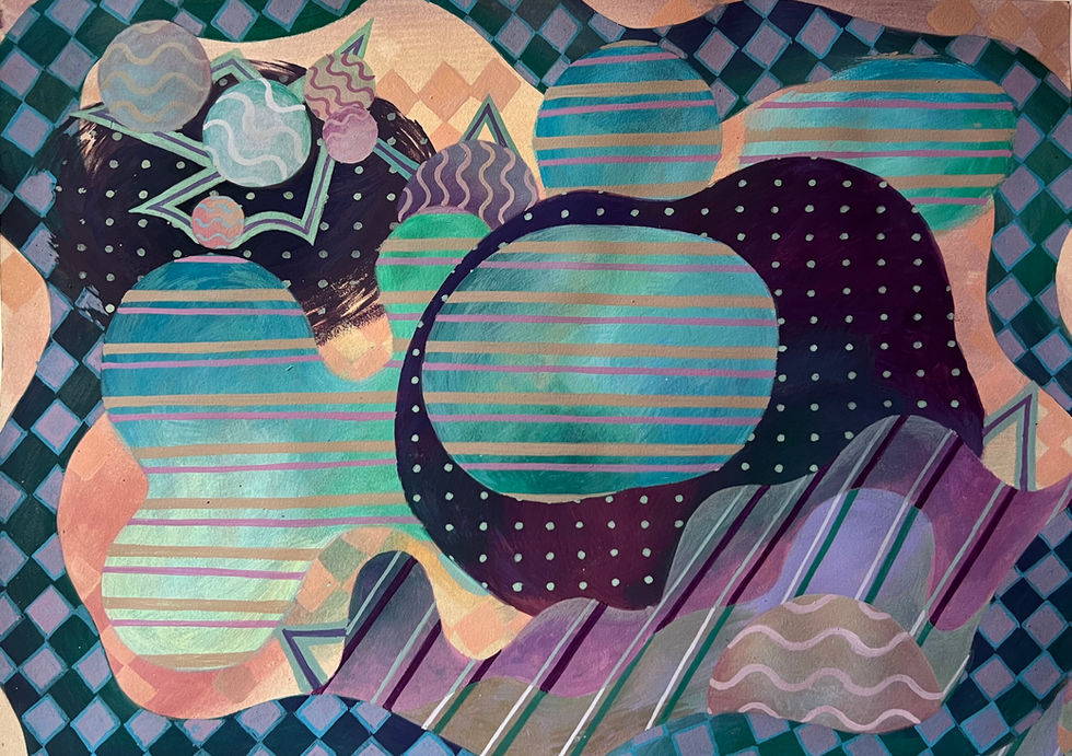 Title: Gravitation Field of Dark Matter
Medium: Acrylic Gouache on Paper
Size: 29.7cm x 42cm
Year: 2024
Dark matter does not interact with electromagnetic forces, so it does not absorb, reflect, or emit light, making visual observation impossible. Consequently, the existence of dark matter can only be inferred through its gravitational effects on visible matter. According to current observations, the universe consists of approximately 4.84% ordinary matter, 25.8% dark matter, and 69.2% dark energy. Dark energy, 'anti-gravity', pushes galaxies apart and creates a state devoid of matter.
On the other hand, dark matter pulls matter together within galaxies. Although not yet proven, there are claims that dark matter doesn't exist but instead, there are primordial black holes, as well as claims that black holes absorb dark matter and become heavier. It is said that the enormous gravity of the enigmatic dark matter serves to hold fast-moving galaxies together, preventing them from scattering outside of galaxy clusters.
Thanks to the force that we cannot even perceive with our senses holding everything in place, we manage to believe that we will remain stable without flinging away.