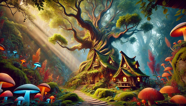DALL·E 2024-10-14 10.10.43 - A highly stylized fantasy scene featuring a small, whimsical