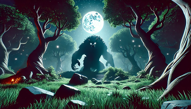 DALL·E 2024-10-14 10.02.14 - A stylized fantasy forest scene at night with large, robust t