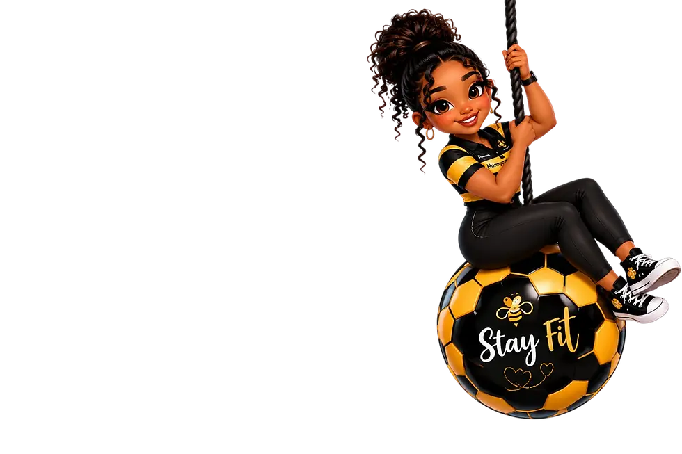 Digital 3D illustration of a cartoon girl sitting on a black and yellow soccer ball labeled 'Stay Fit', held up by a rope. The background is solid black, creating a vibrant, energetic, and playful aesthetic.