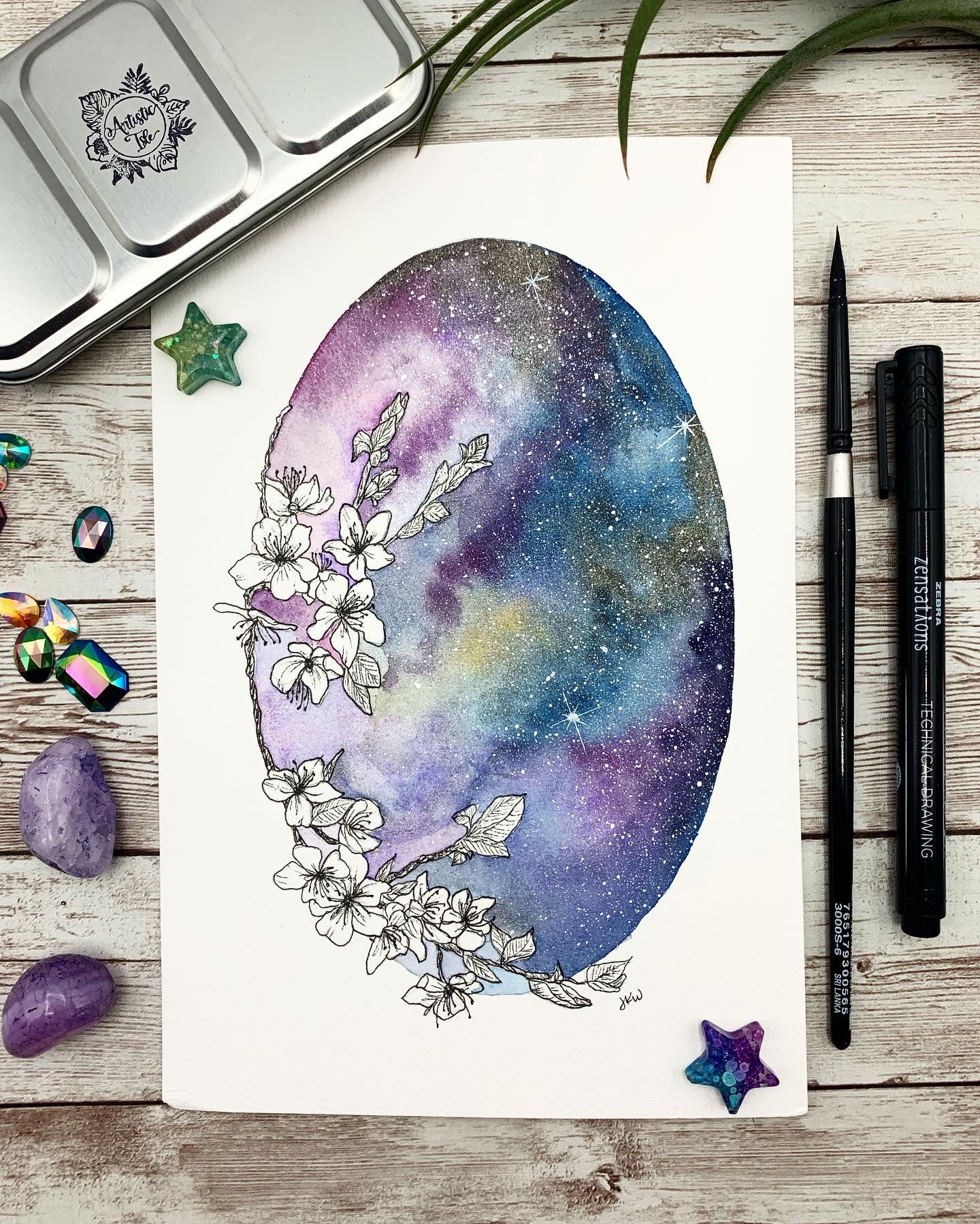Cherry Blossom Galaxy Watercolor Painting