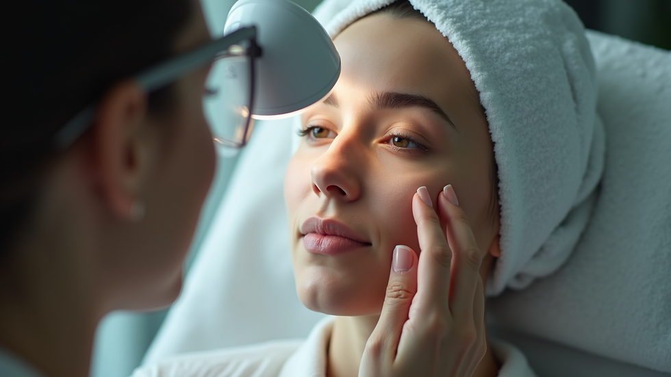 Eye-level view of a skincare professional examining a client's face with a magnifying lamp