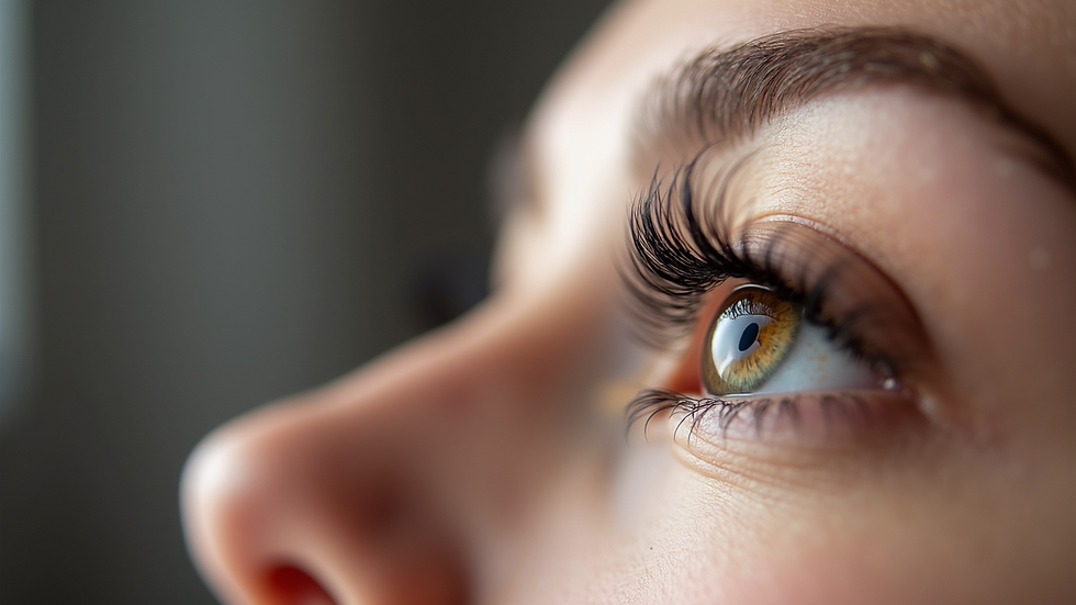 Close-up view of eyelash extensions applied on natural lashes