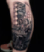 Realistic tattoo Portrait of The Joker from batman sitting in a chair smoking a cigarette 