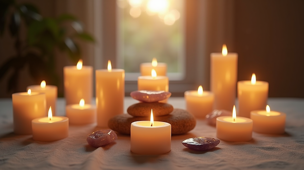 Eye-level view of a serene meditation space with candles and crystals