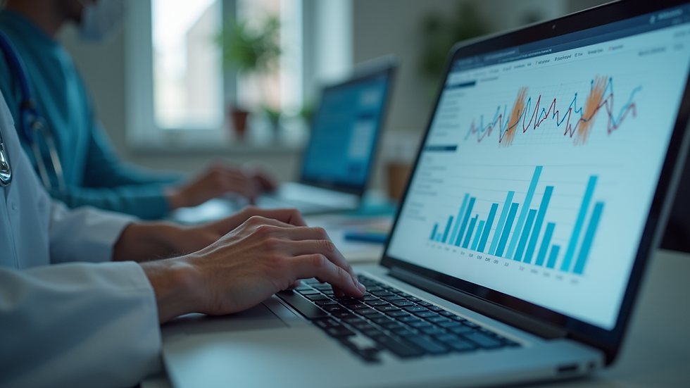 Eye-level view of a healthcare professional working on a laptop with digital marketing graphs on screen