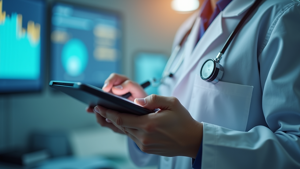 Close-up view of a healthcare professional using a tablet with data analytics