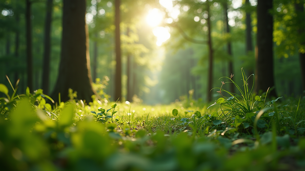Eye-level view of a lush green forest with sunlight filtering through the trees