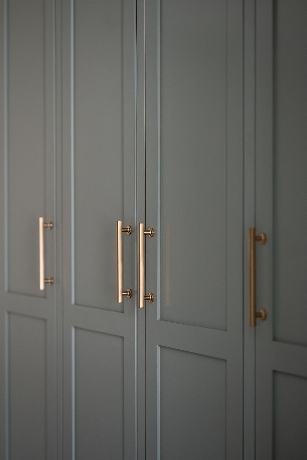 Gray paneled cabinet doors with gold handles in a minimalist interior, softly lit and orderly.