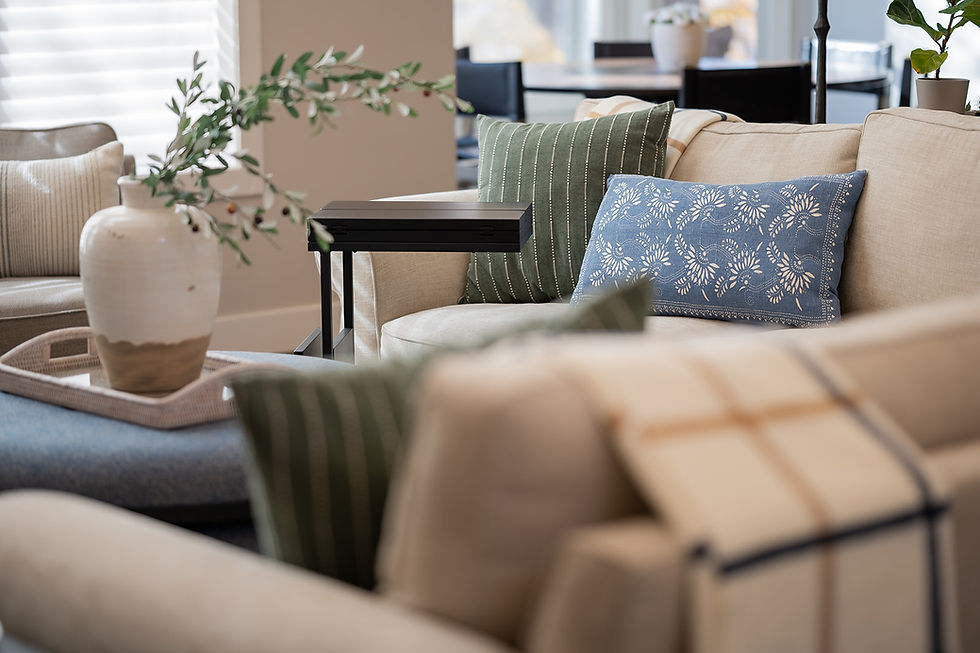 Cozy living room with beige sofas, blue and green patterned pillows, a vase with branches, and a black side table