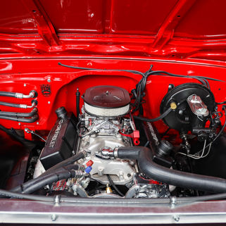 Restored Red and White Chevy C-10 Engine