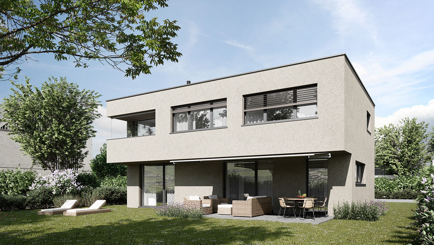 Modernes Einfamilienhaus, Gartenansicht mit grossen Terrassenfenstern, überdachter Sitzplatz, blauer Himmel mit Wolken