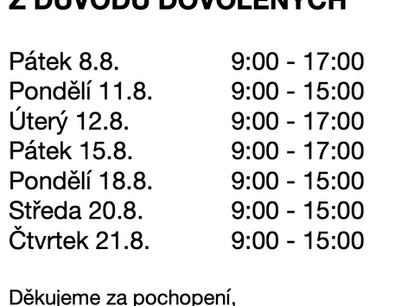 ZMĚNA ORDINAČNÍCH HODIN Z DŮVODU DOVOLENÝCH 8/2025