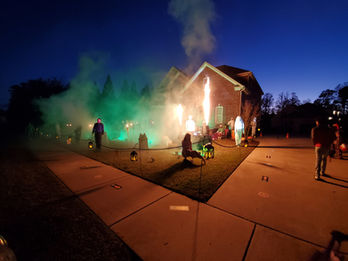 Fire machine at Haunted Halloween House during trick-or-treat with Zombie Outbreak theme