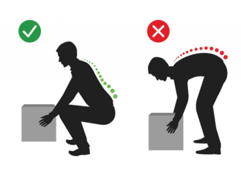 A comparison picture of someone lifting a box with a flat back and a rounded back with a check mark over one and an "x" over the other
